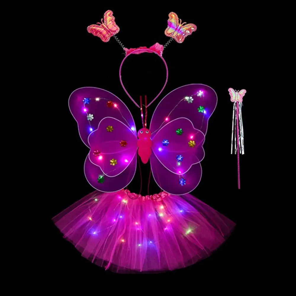A pink LED butterfly costume set for girls featuring glowing wings, a skirt, and a wand.