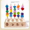 A set of colorful wooden building blocks and shapes inserted into a base for sorting toys.