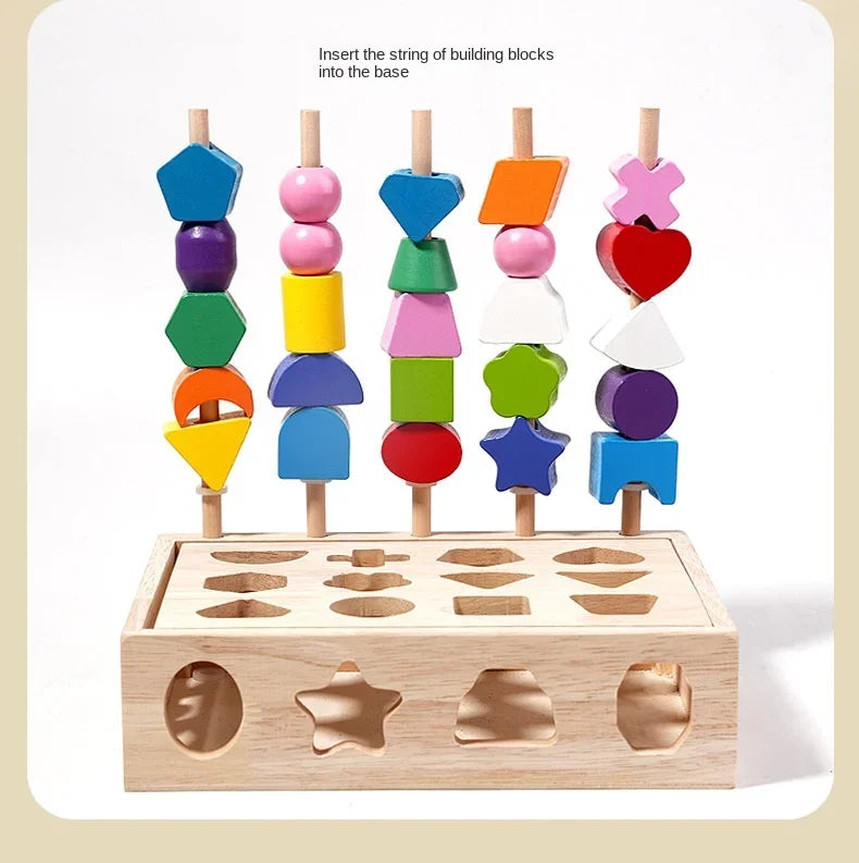 A set of colorful wooden building blocks and shapes inserted into a base for sorting toys.