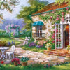 A picturesque stone house with climbing roses and a garden path, suitable for diamond painting.