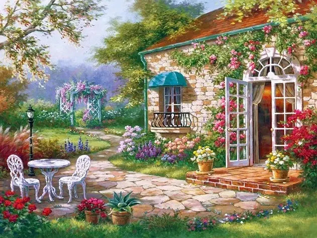 A picturesque stone house with climbing roses and a garden path, suitable for diamond painting.