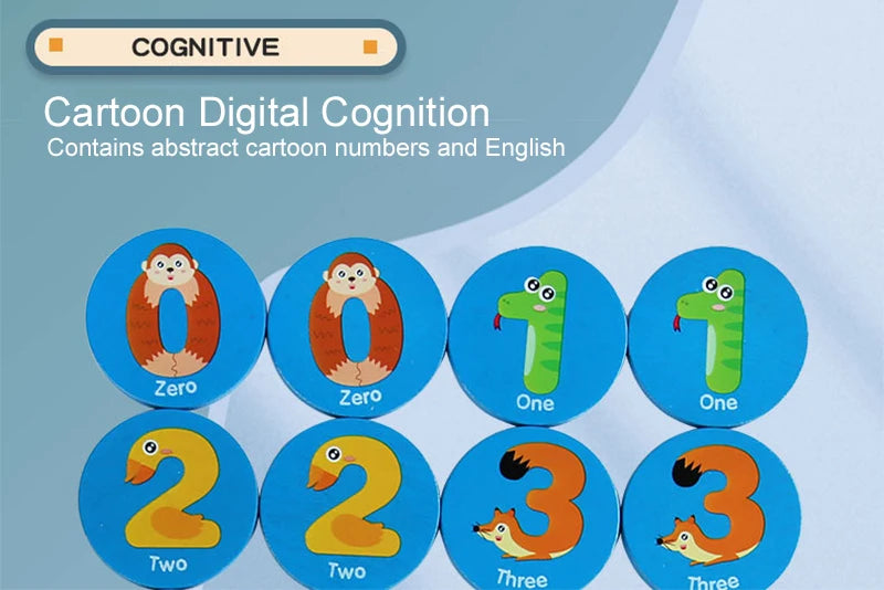 A set of wooden cartoon numbers zero through three for a cognitive memory matching puzzle game.