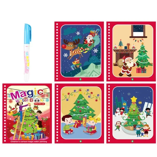 A set of five colorful pages from a magic water coloring book featuring Christmas and winter scenes.