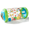 A colorful Montessori baby crawling roller toy with green and blue accents and various colored balls.