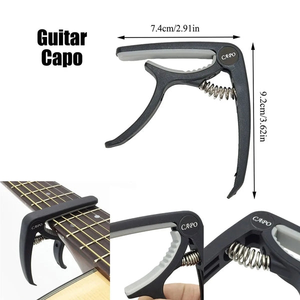 A black guitar capo is shown with dimensions and usage examples on a wooden guitar neck.