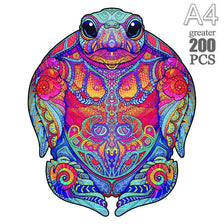 A colorful wooden animal puzzle set featuring a frog design for kids and adults.