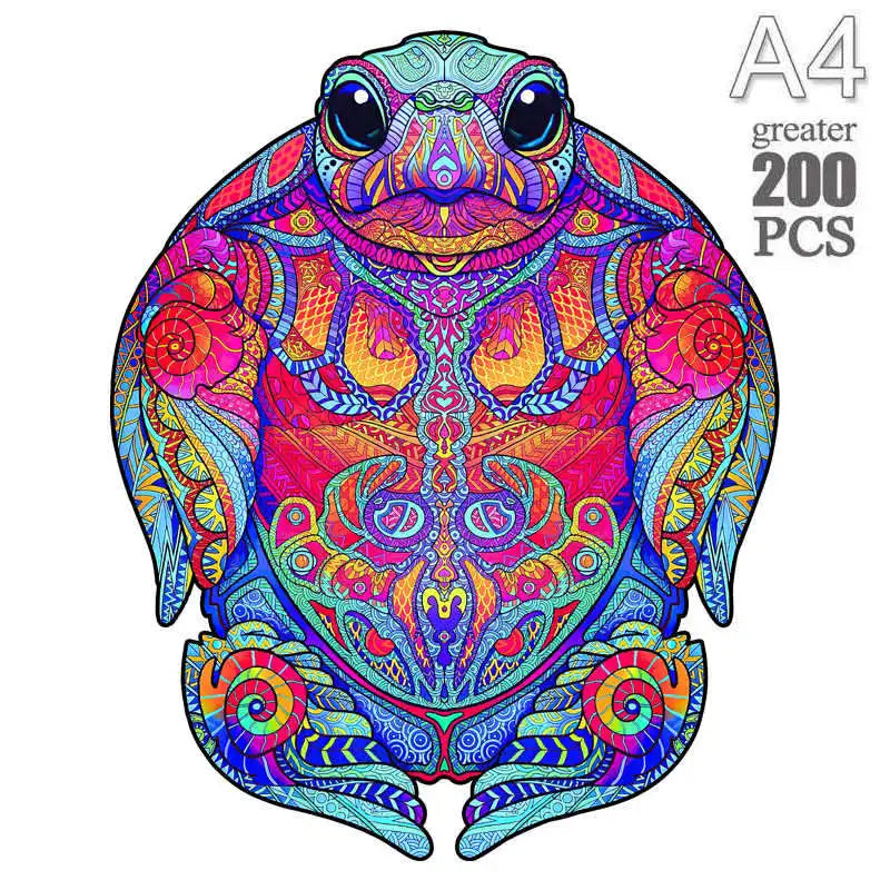 A colorful wooden animal puzzle set featuring a frog design for kids and adults.