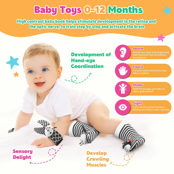 A set of plush baby rattles and striped foot socks for newborns used to stimulate development.