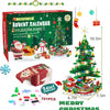 A box of a Christmas Advent Calendar building block set featuring a decorated Christmas tree and various surprise mini figure