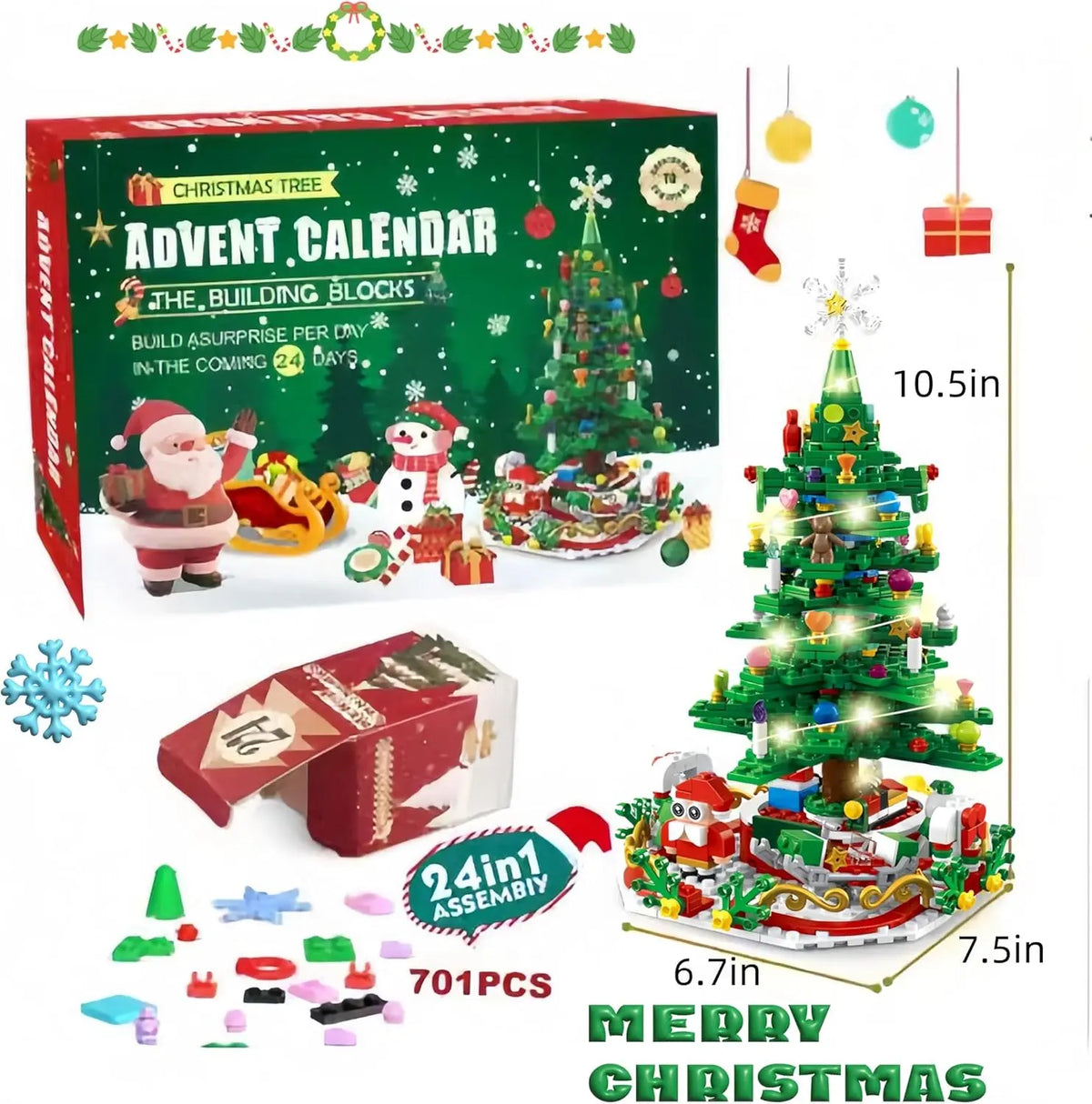 A box of a Christmas Advent Calendar building block set featuring a decorated Christmas tree and various surprise mini figure