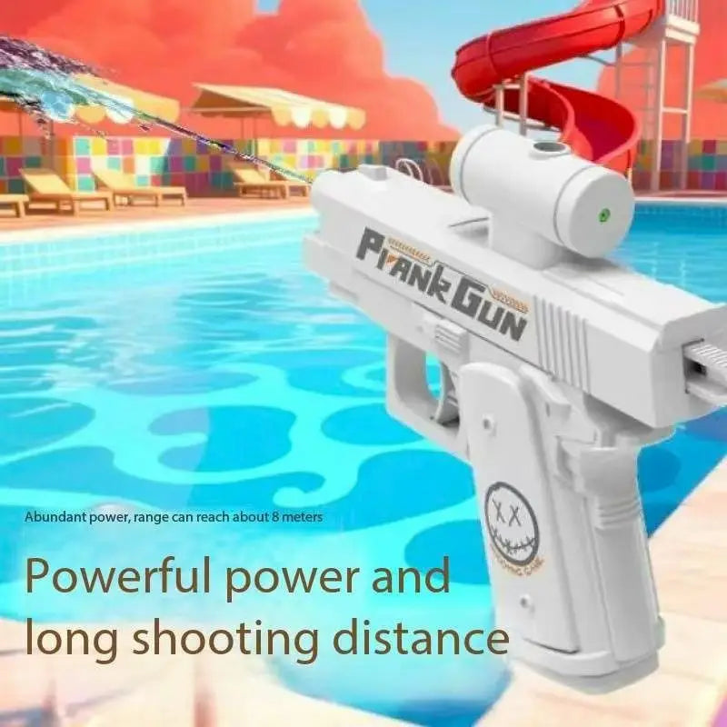 A white plank gun toy is shown aiming at a blue swimming pool with a red water slide in the background.