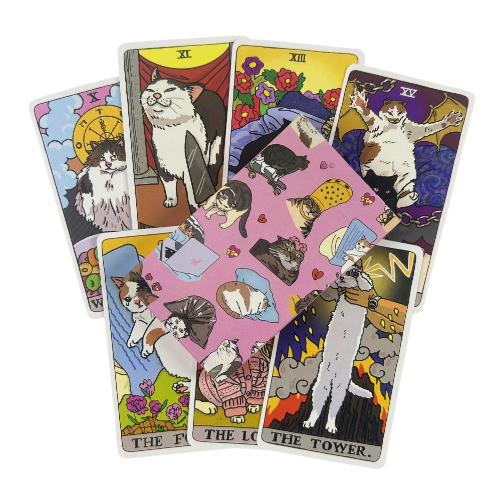 A deck of 22 oracle tarot cards featuring cats and mystical imagery.