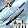 A replica Demon Slayer Tanjiro katana sword with a black blade and gold fittings is displayed against a light blue sky backgr