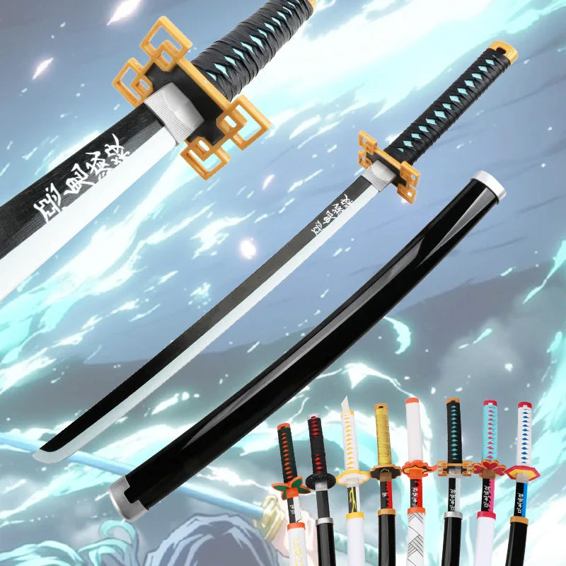 A replica Demon Slayer Tanjiro katana sword with a black blade and gold fittings is displayed against a light blue sky backgr