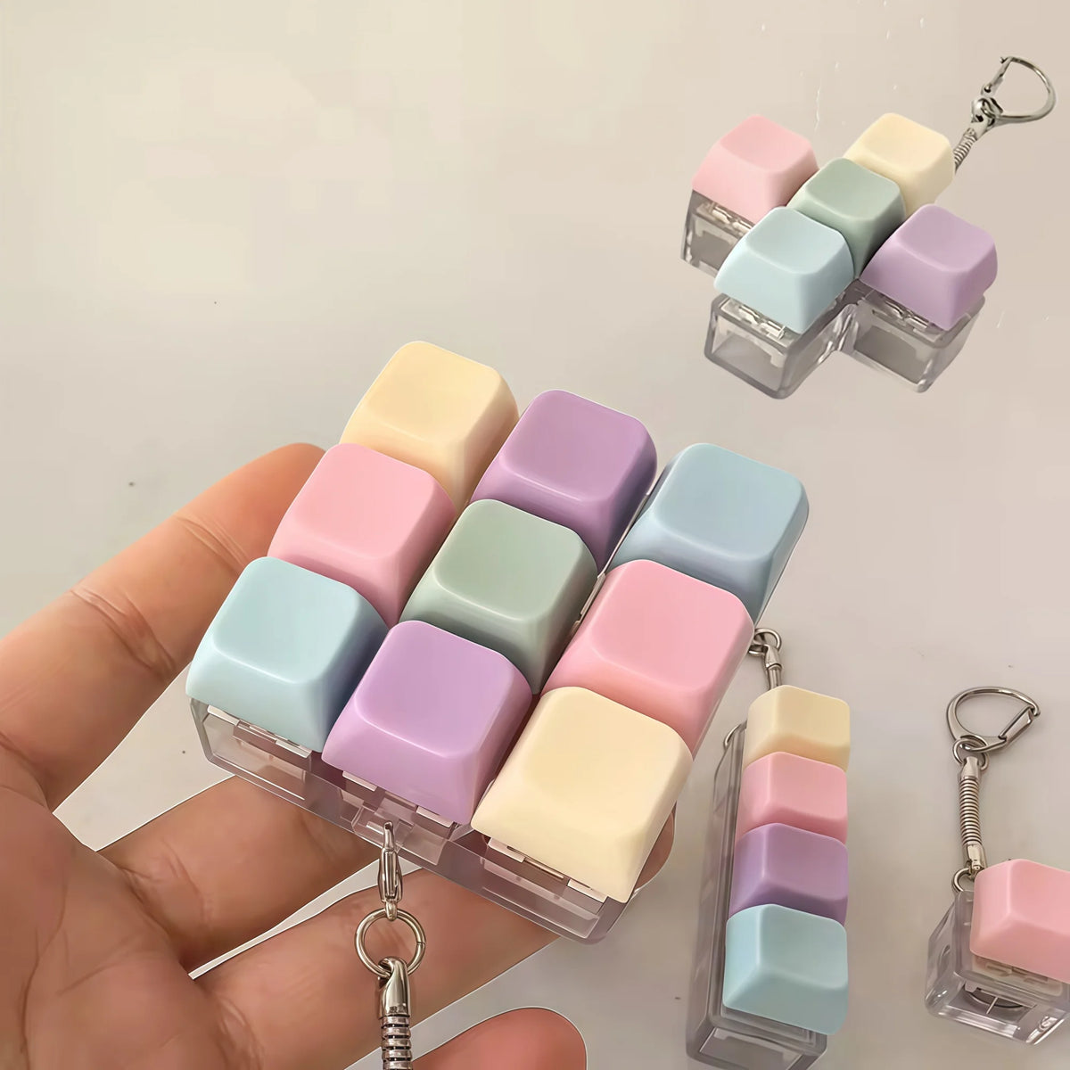 A hand holds a clear plastic keyboard fidget toy with various pastel colored silicone keys and attached keychains.