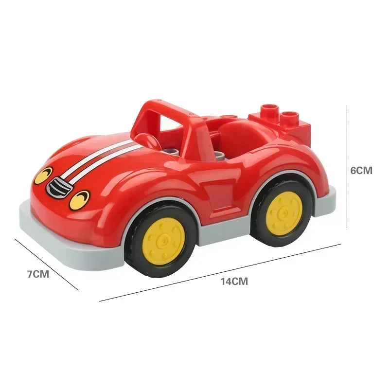 A red city traffic vehicle building block toy car with yellow wheels and a red body.