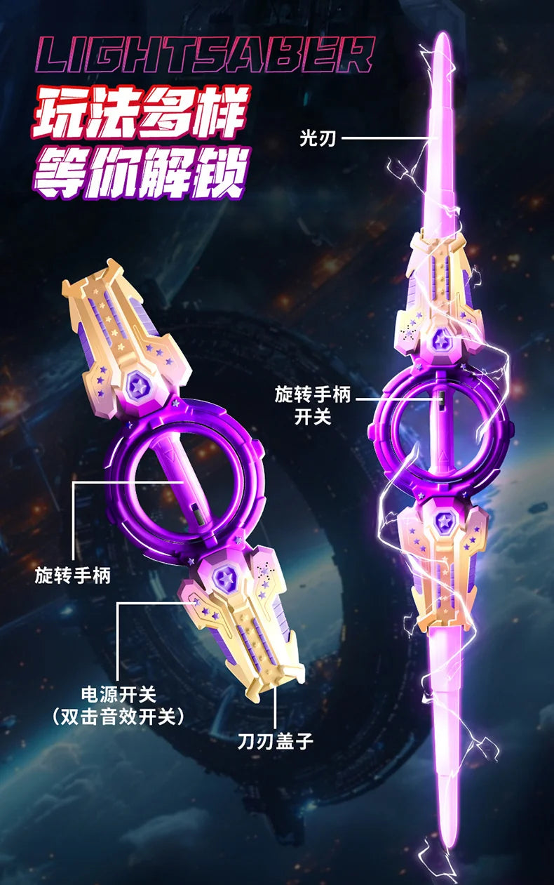 A close-up view of a purple and gold lightsaber with glowing effects, showing its blade, hilt, and various components.