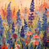 An impressionistic painting of a lavender flower field with purple, pink, and orange hues.
