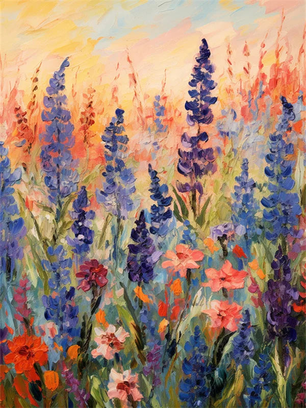 An impressionistic painting of a lavender flower field with purple, pink, and orange hues.