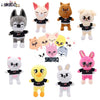 A collection of eight cute cartoon animal plush toys featuring various animals like dogs, cats, and rabbits in black and whit