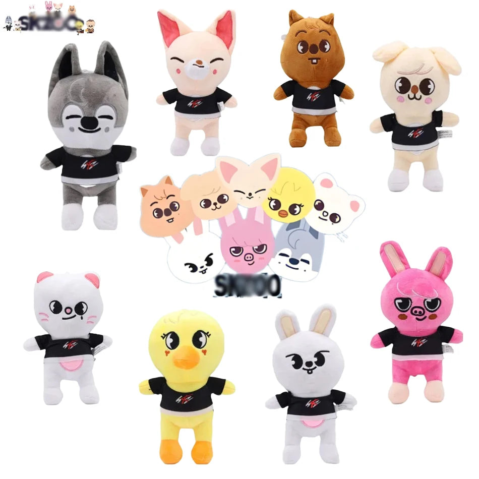 A collection of eight cute cartoon animal plush toys featuring various animals like dogs, cats, and rabbits in black and whit