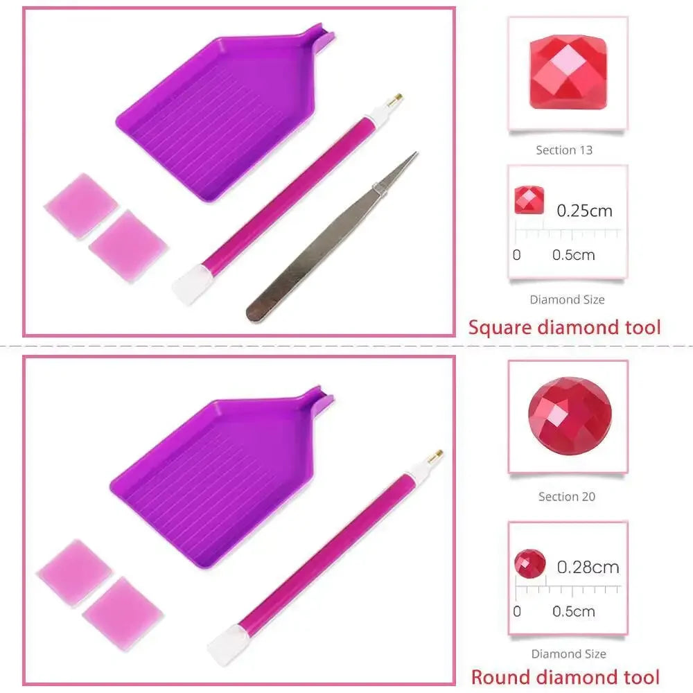 A set of diamond tools including a square and round diamond tool for painting a waterfall landscape design