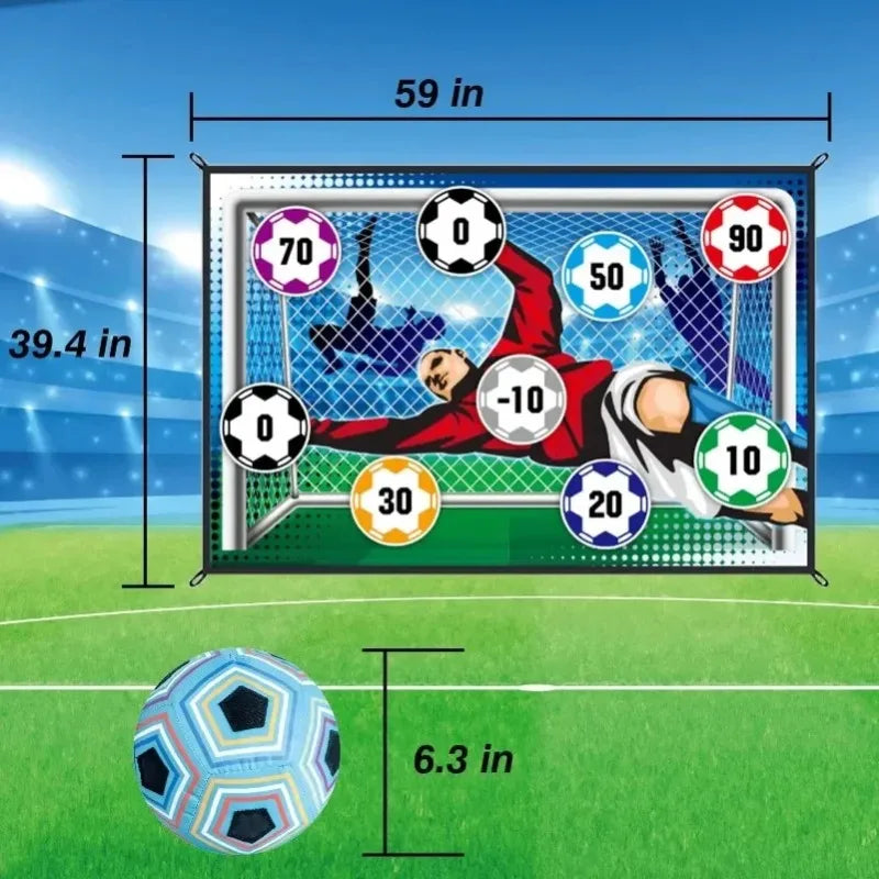 A soccer goal net with various numbered targets and a soccer ball shown on a green field.