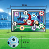 A soccer goal net with various numbered targets and a soccer ball shown on a green field.