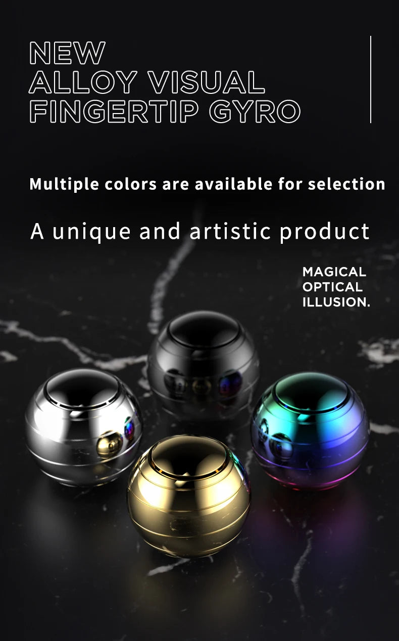 A collection of shiny alloy fidget spinners in various colors, including silver, gold, and iridescent blue-green.