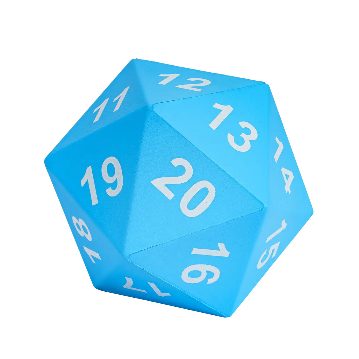 A bright blue D20 polyhedral dice showing the number 20.