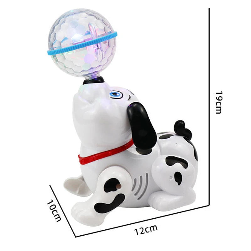 A white dog toy shaped like a Dalmatian with a clear, disco ball head and black features.