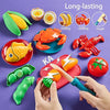 A colorful set of 81 pretend play kitchen food items including fruits and seafood for kids