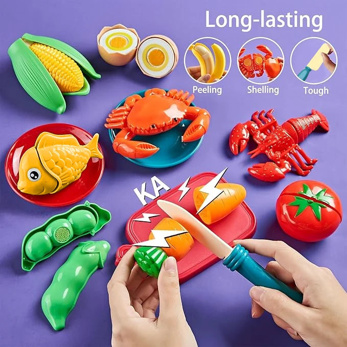 A colorful set of 81 pretend play kitchen food items including fruits and seafood for kids