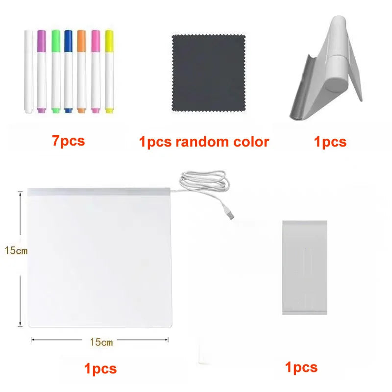 A set of glowing acrylic message board components including 7 colorful markers, a random color marker, and various pieces for