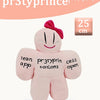 A pink plush rabbit stuffed toy with a pink bow and text printed on its body.