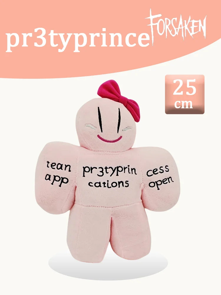 A pink plush rabbit stuffed toy with a pink bow and text printed on its body.