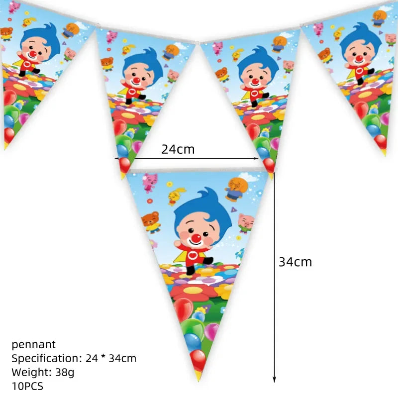 A triangular banner decoration featuring a clown character for a kids' birthday party.
