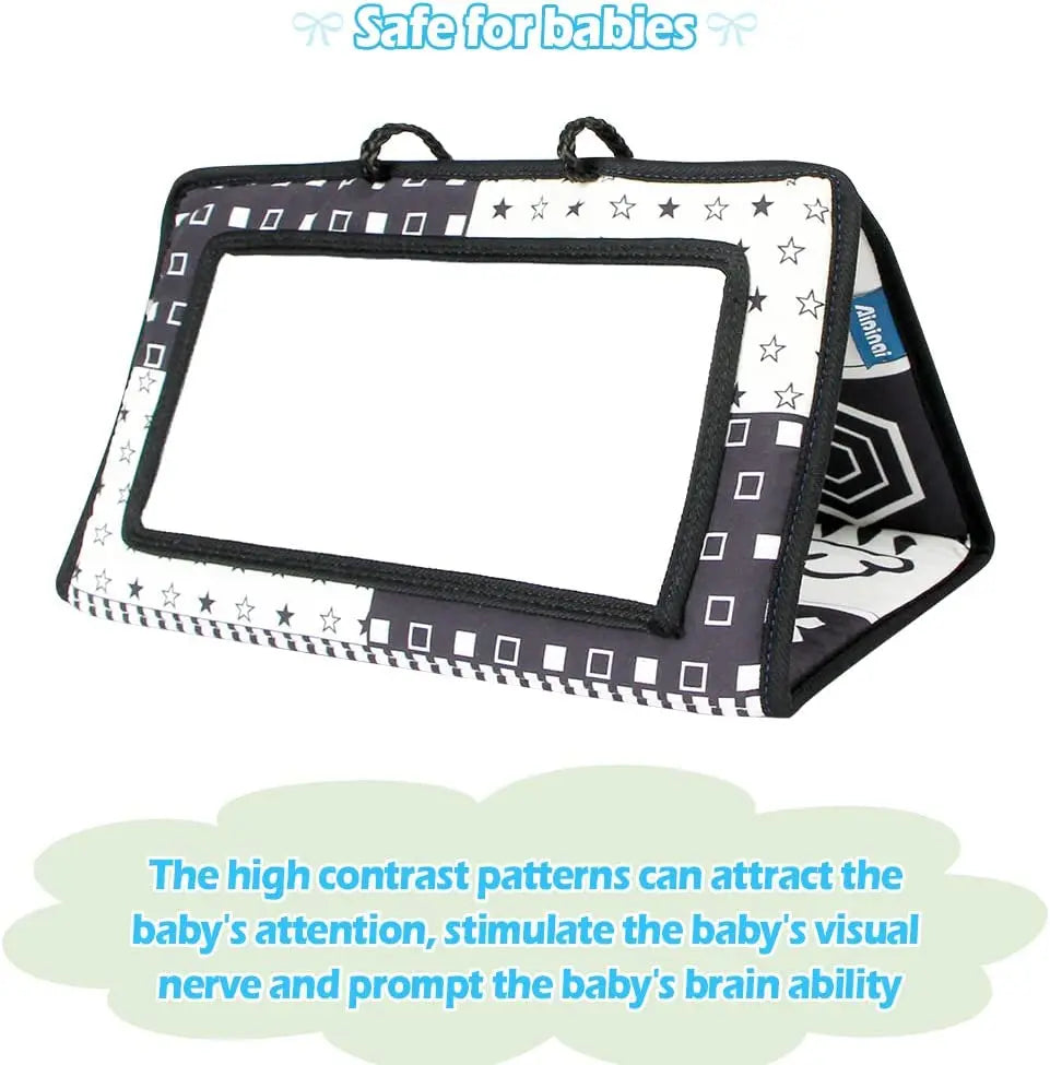 High-Contrast Tummy Time Baby Mirror with Crinkle Cloth Book and Teether