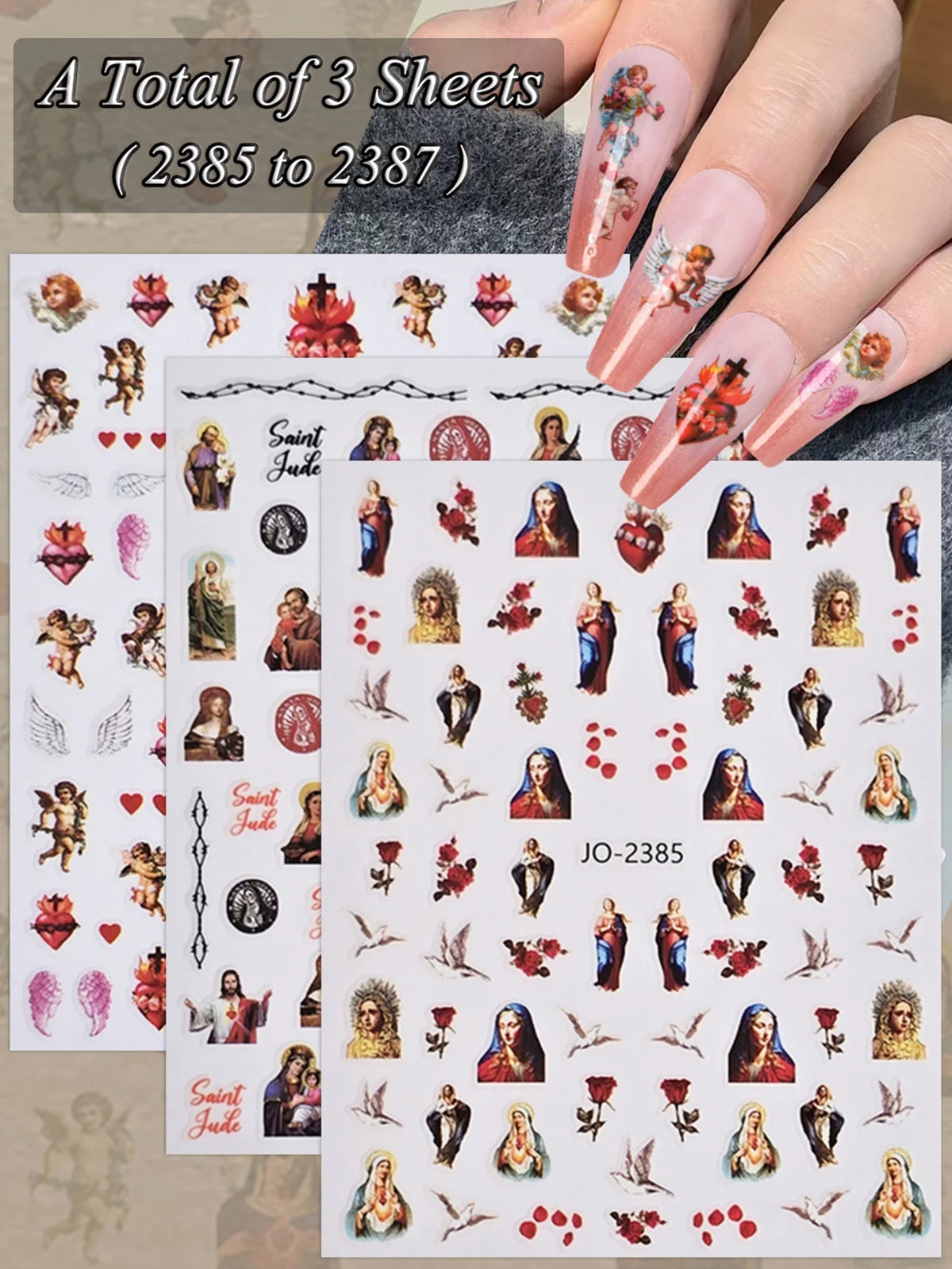 A total of three sheets of vintage angel and saint nail art stickers featuring cherubs and crosses