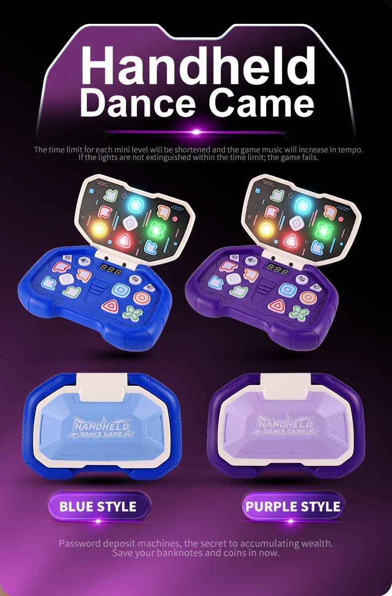 Handheld Dance Came game console in blue and purple styles with a password deposit machine theme