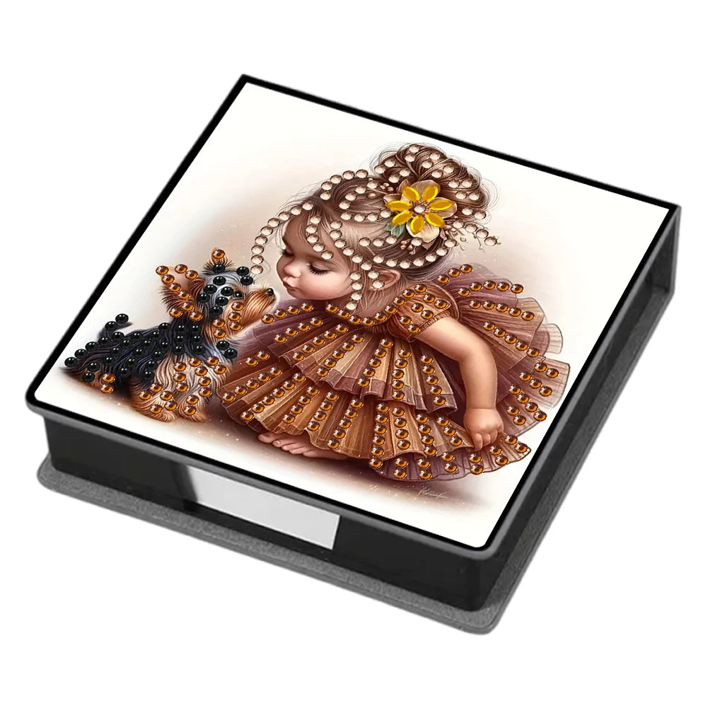 A leather diamond painting kit featuring a detailed illustration of a girl with curly hair and a small dog.