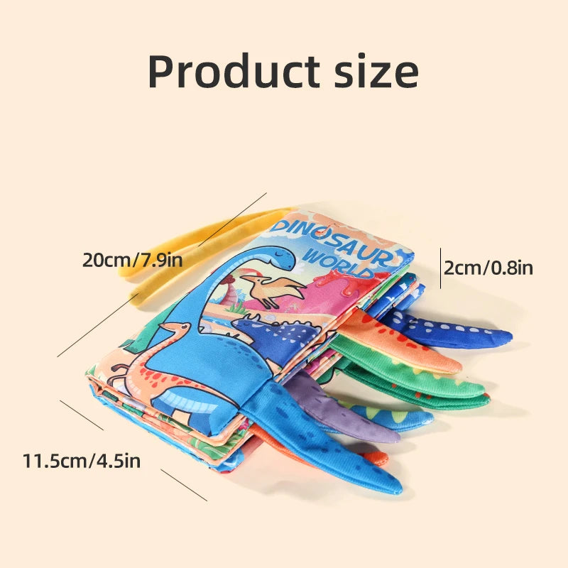 A stack of colorful dinosaur-themed soft cloth books for babies, showing various dinosaur shapes and colors.