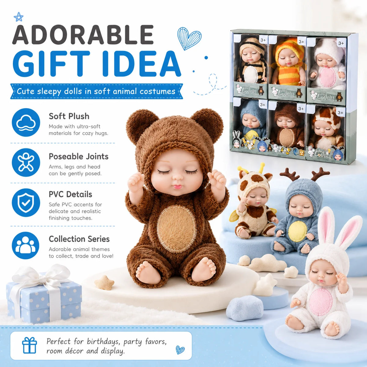 A box of adorable animal-themed soft plush baby dolls with poseable joints for gift ideas