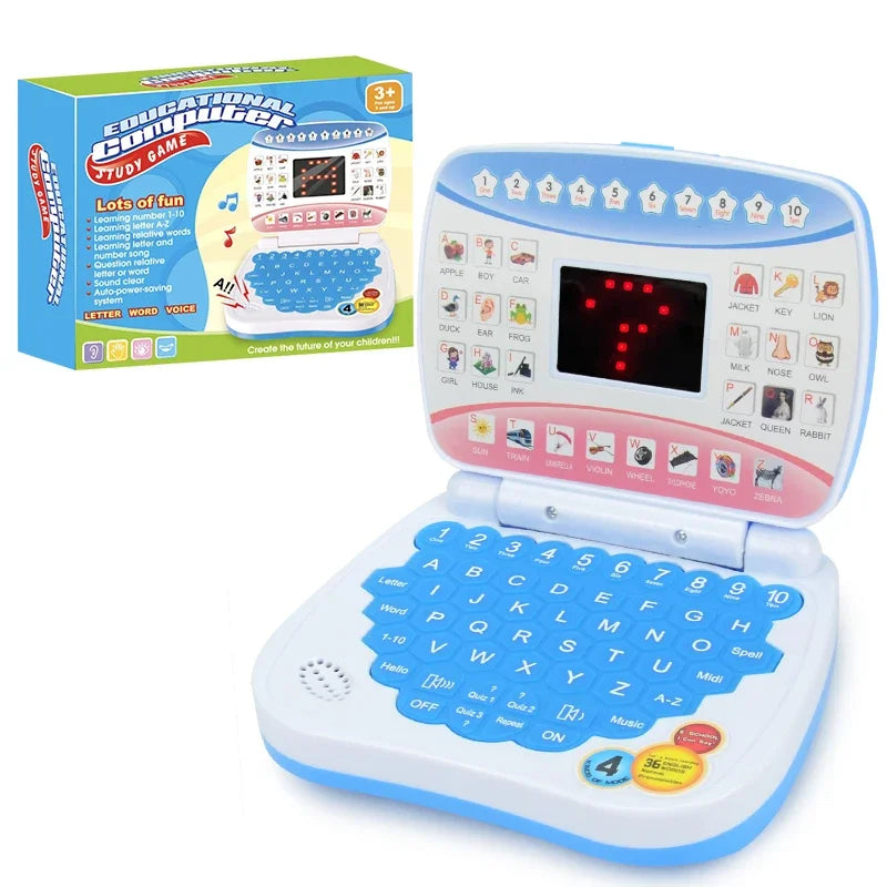 A blue and white educational computer study game featuring letters, numbers, and sounds for children.