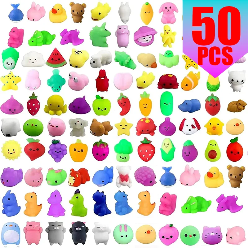 A collection of 50 colorful squishy fidget toys and sensory stress relief toys in various shapes and colors.