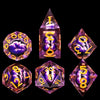 A collection of seven sharp edge resin dice in various colors and angles for role-playing games