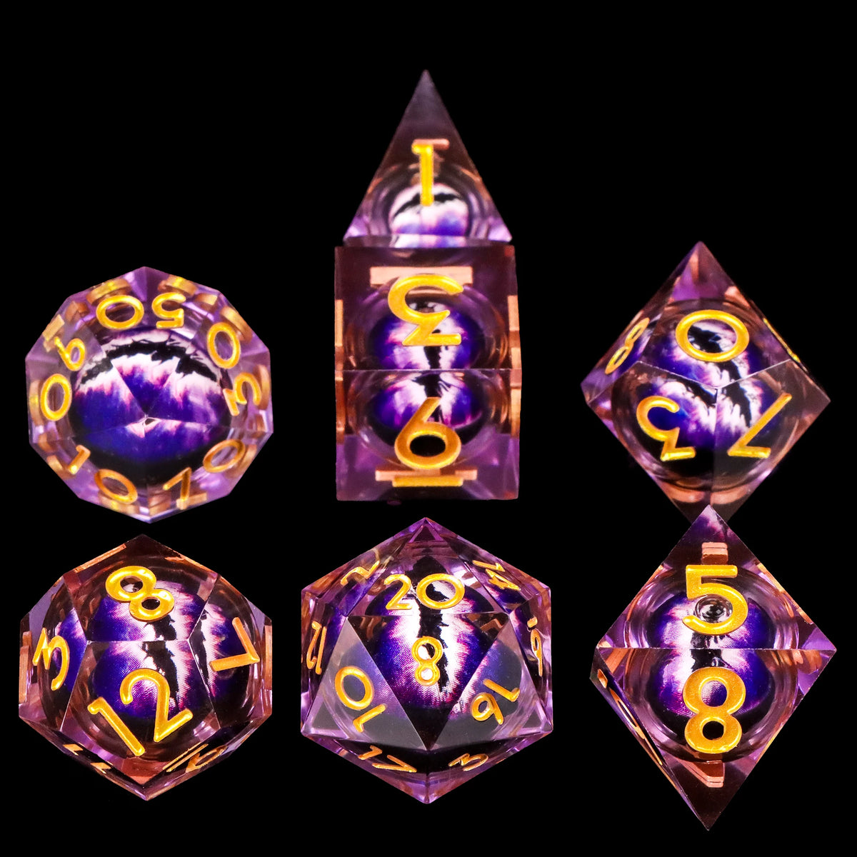 A collection of seven sharp edge resin dice in various colors and angles for role-playing games