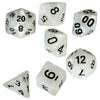 A set of seven marble effect polyhedral dice showing various numbers and shapes.