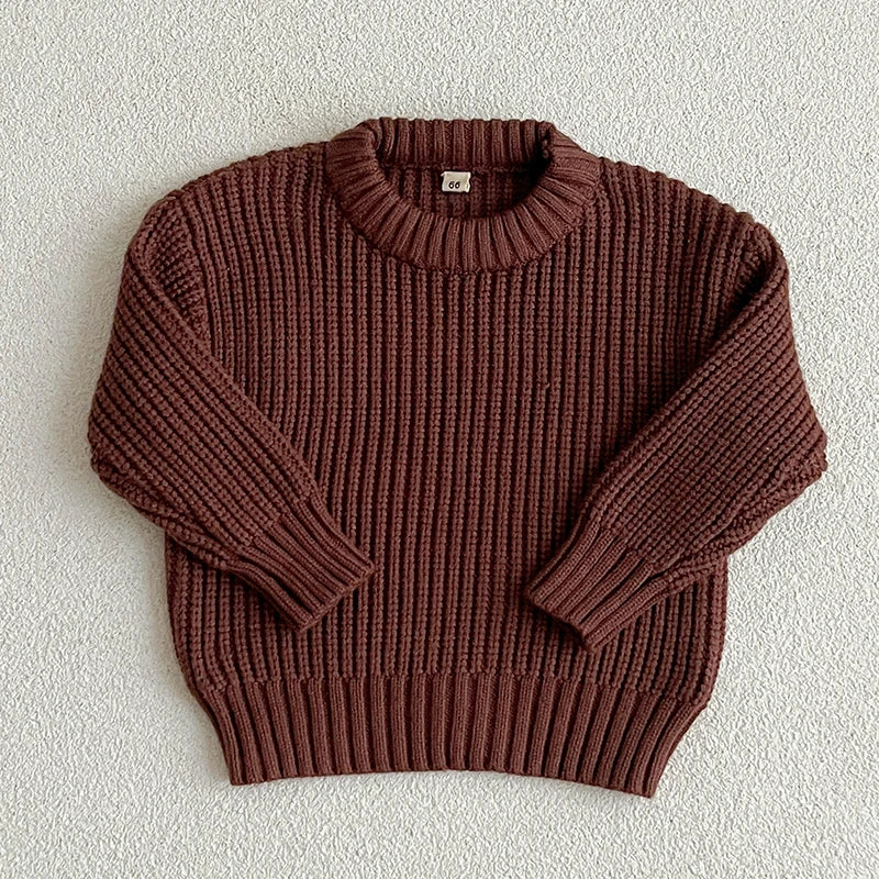 A brown knit baby pullover sweater with a crew neck and ribbed texture.