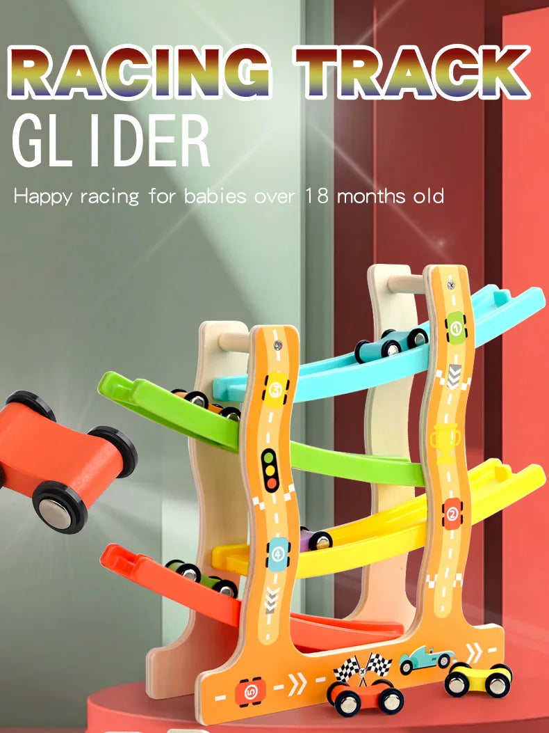 A set of wooden racing track gliders in various colors, including orange, green, yellow, and blue, for babies over 18 months 